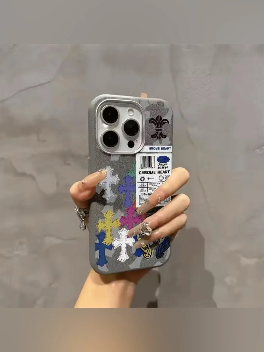 Chrome Heart Style Gray Multi-Color Cross Pattern iPhone Case